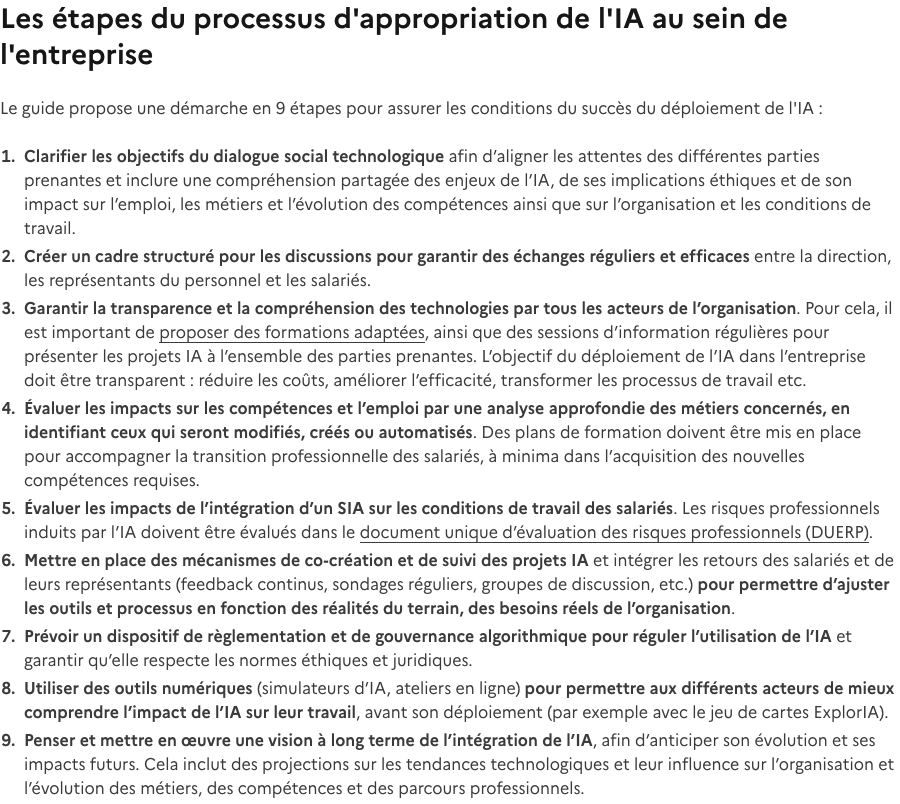Capture publique de France Num présentant les neuf étapes du processus d'appropriation de l'IA en entreprise.