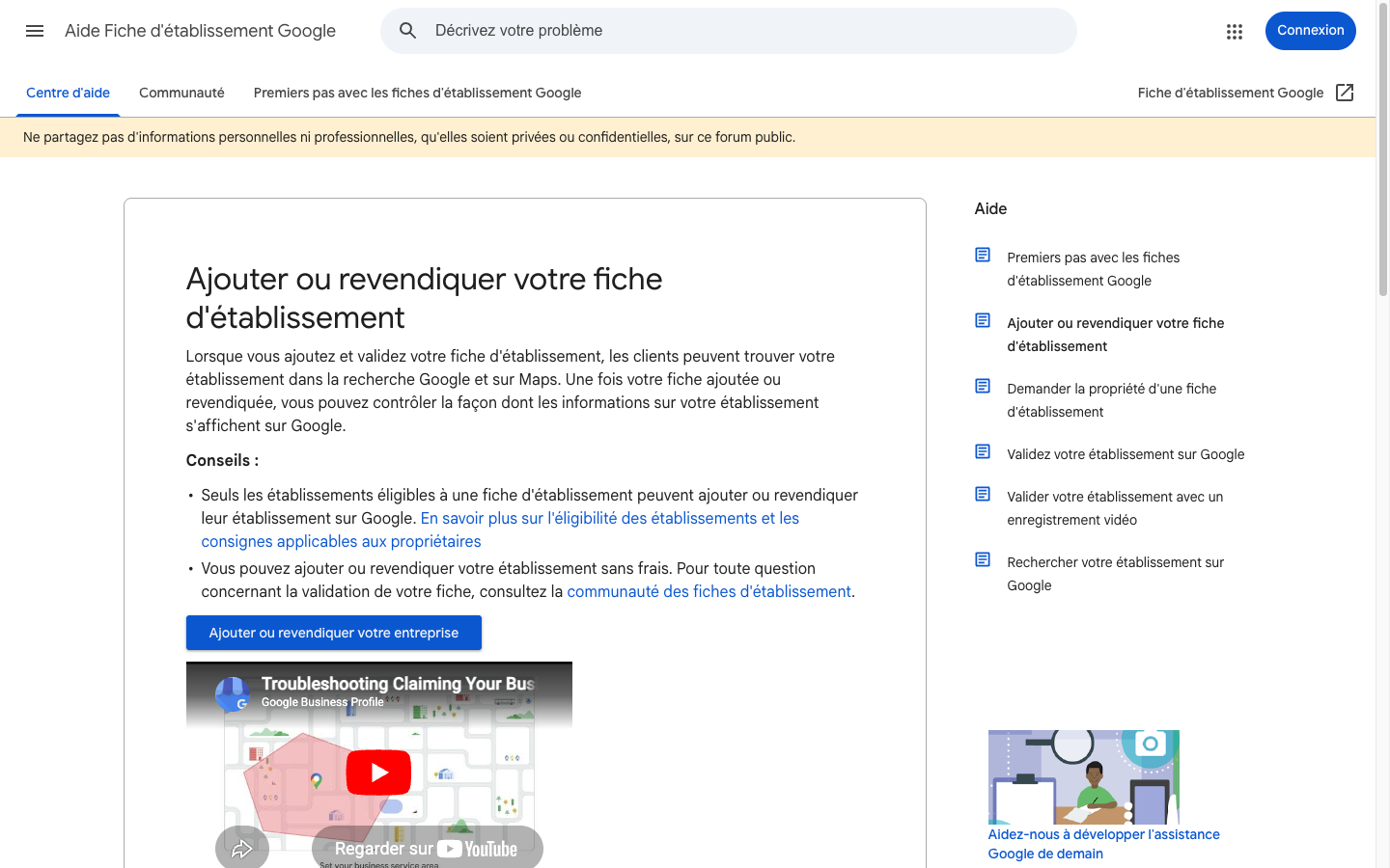 Capture de la page d'aide Google Business Profile sur l'ajout et la revendication d'une fiche établissement