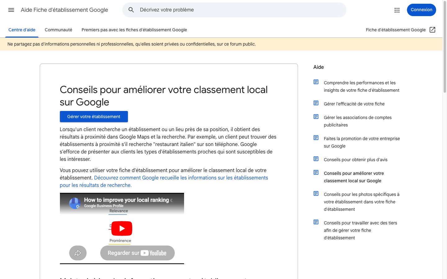 Capture des conseils officiels de Google pour améliorer le classement dans les résultats de recherche locaux
