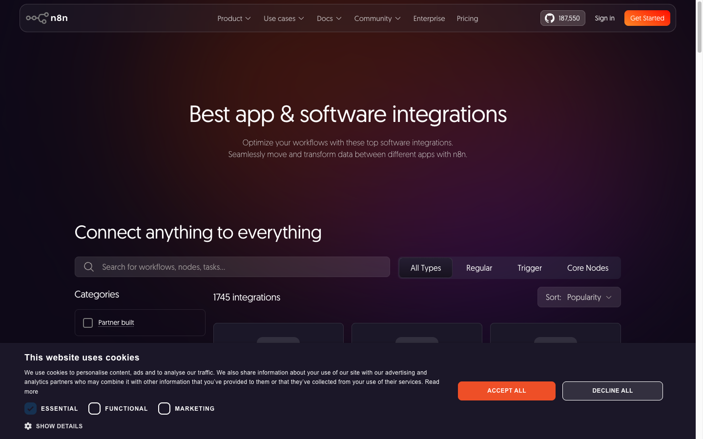 Capture publique de n8n — page des intégrations disponibles pour l'automatisation de workflows, illustrant les connexions possibles entre outils métier.
