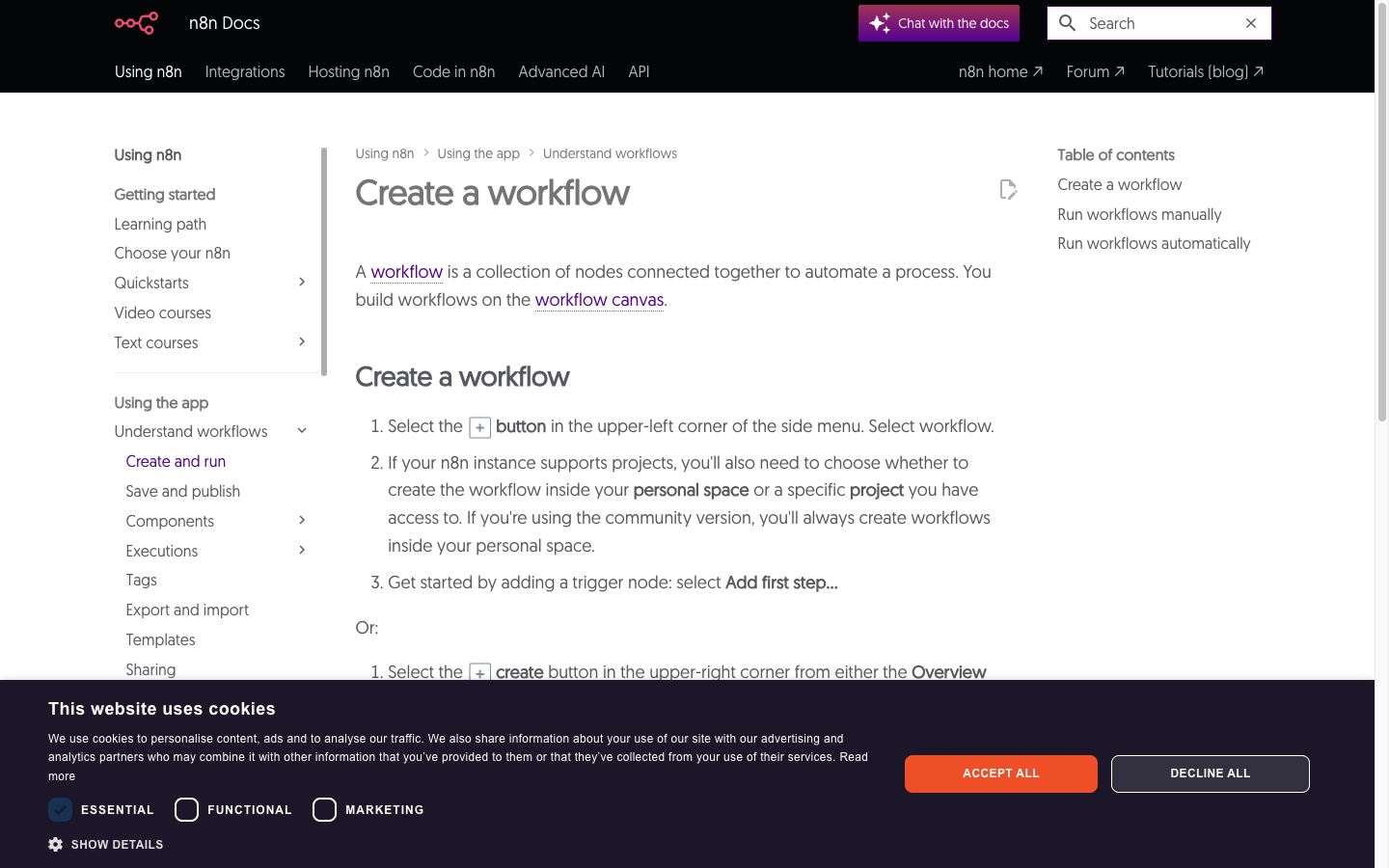 Capture publique de la documentation n8n — page de création de workflow, illustrant l'interface visuelle pour automatiser des processus métier.