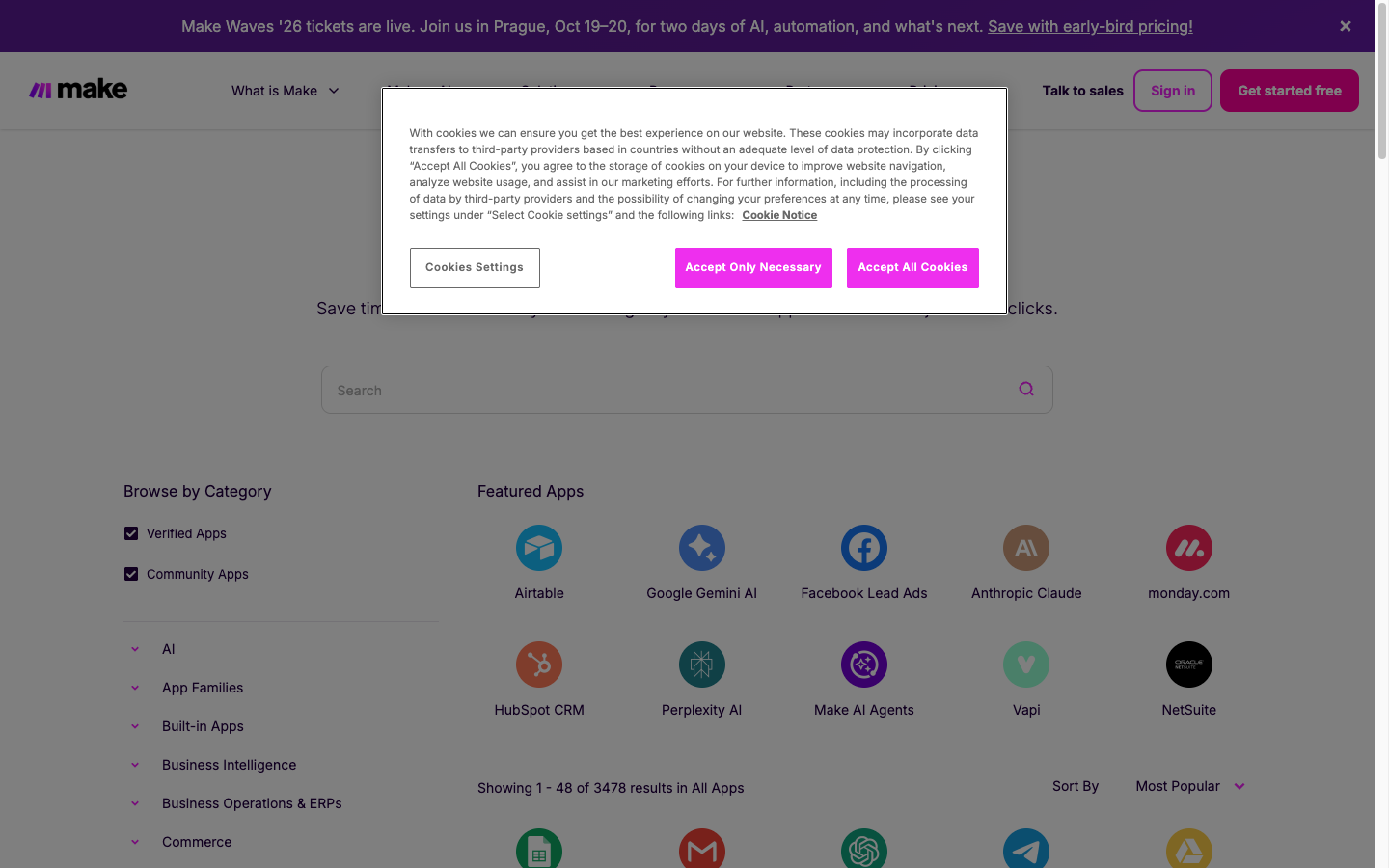 Make.com — catalogue des 3000+ intégrations d'applications disponibles