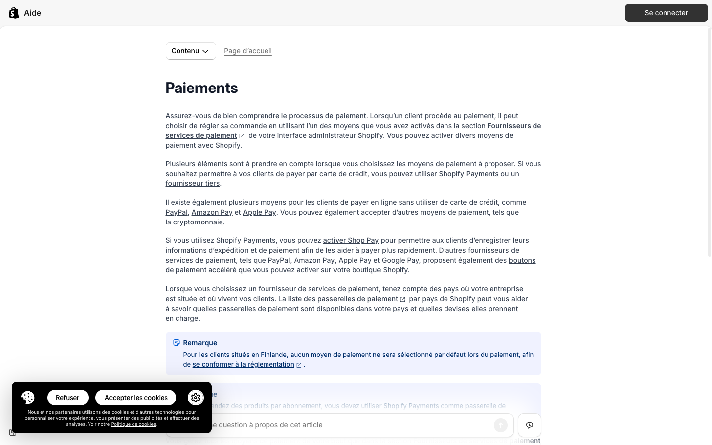 Shopify — aide paiements en ligne, gestion des méthodes de paiement
