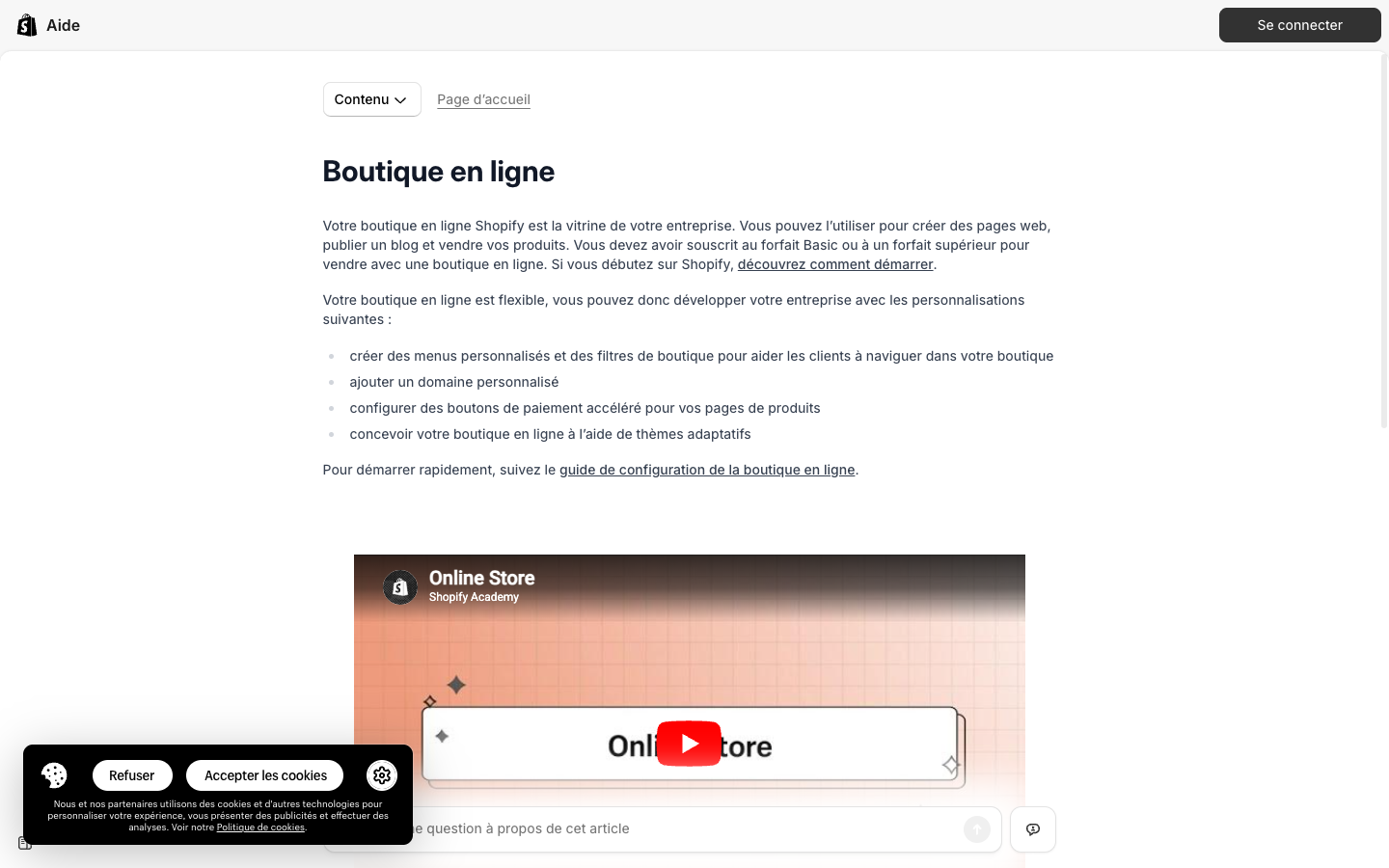 Capture publique du centre d'aide Shopify — section boutique en ligne, illustrant les fonctionnalités d'une solution e-commerce professionnelle.